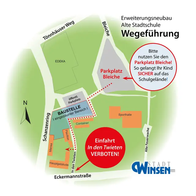 Der Plan zeigt die sichere Wegeführung für die Schüler vom Parkplatz Bleiche auf das Schulgelände | Foto: Stadt Winsen