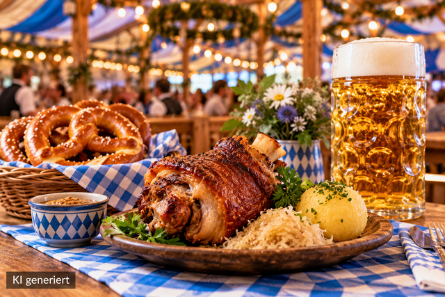  Bayerische Spezialitäten und frisch gezapftes Festbier gehören dazu | Foto: KI generiert
