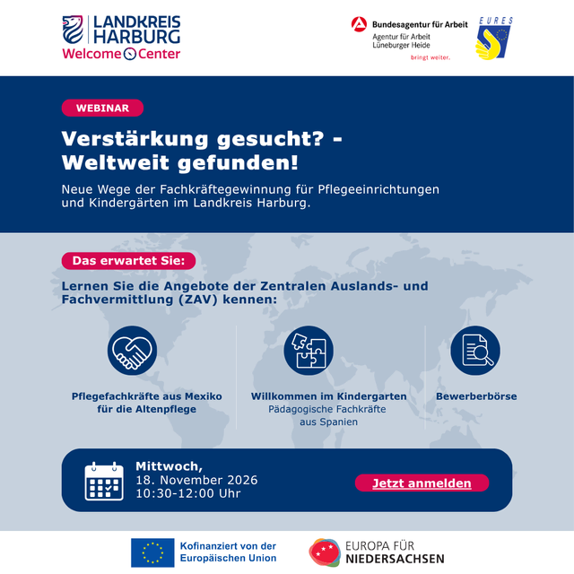 Verstärkung fürs Team gesucht? Weltweit gefunden! Zur internationalen Fachkräftegewinnung für Kitas und Pflege informiert jetzt ein kostenloses Webinar des Welcome Center Landkreis Harburg. | Foto: Welcome Center Landkreis Harburg