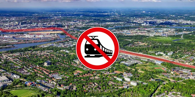 Die rote Linie zeigt die Bahnstrecke aus Harburg Richtung Hamburger Hauptbahnhof. Die Strecke ist ab der kommenden Woche bis Ende November für Regionalzüge und zum Teil auch für Fernzüge gesperrt | Foto: Martin Elsen/nord-luftbilder.de