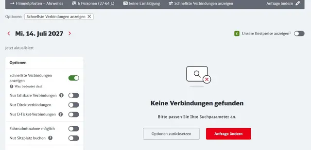 Auf dem Buchungsportal der Deutschen Bahn lässt sich derzeit keine Fahrt von Bahnhöfen entlang der DB-Regio-Strecke zwischen Stade und Cuxhaven buchen (mit Ausnahme von Stade). Die Linie RE 5 taucht im Buchungssystem aktuell nicht auf | Foto: Screenshot
