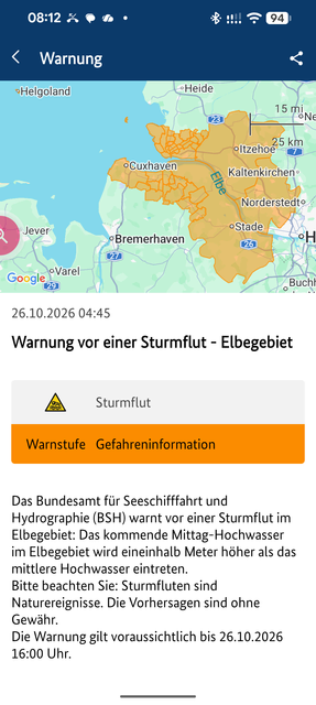In der NINA-App wird vor einer Sturmflut gewarnt | Foto: NINA-App