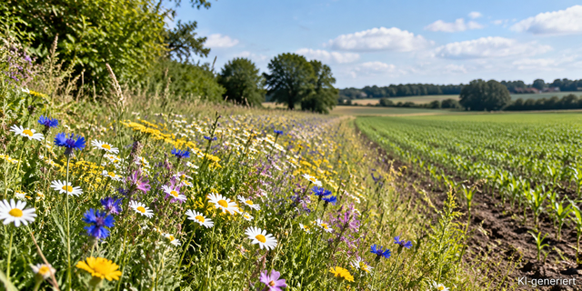 Maßnahmen wie das Anlegen von Blühstreifen entlang der Ackerränder sollen zu mehr Artenvielfalt bei Insekten beitragen | Foto: KI-generiert