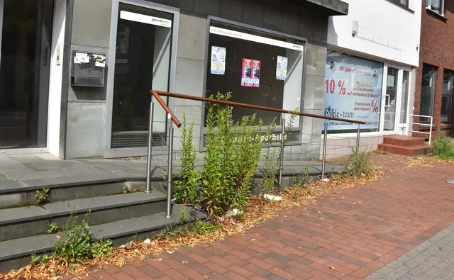 So zeigt sich der Bürgersteig am leerstehenden Haus in der Hamburger Straße - Ex-Sonnen Apotheke - : Pflanzenwildwuchs, braune Blätter und Papierfetzen sammeln sich an den Aufgängen | Foto: Axel-Holger Haase