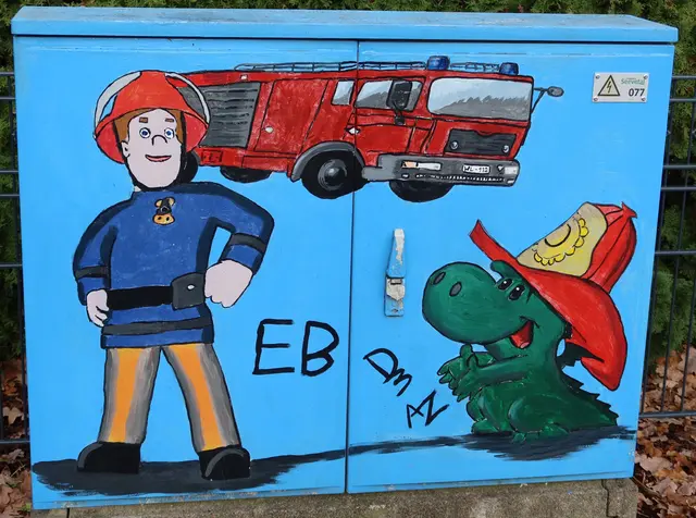 Ein bemalter Stromkasten in Maschen. Ein Dank an die Arbeit der ehrenamtlichen Feuerwehrleute, die sie rund um die Uhr ausführen | Foto: Axel-Holger Haase