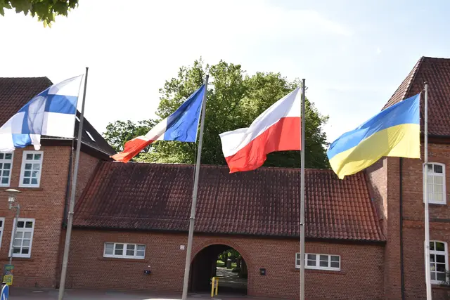 Die Fahnen der Länder der Städtepartnerschaft vor dem Buchholzer Rathaus | Foto: Axel-Holger Haase
