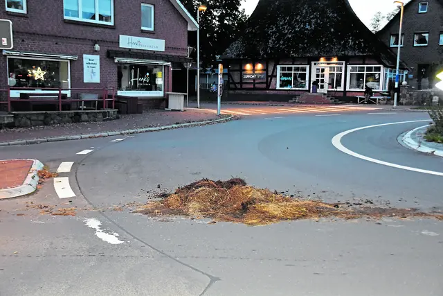Im Jesteburger Kreisel hat sich von der Ladung wohl etwas selbstständig gemacht. Auch die Kreiselausfahrt war  betroffen | Foto: Axel-Holger Haase